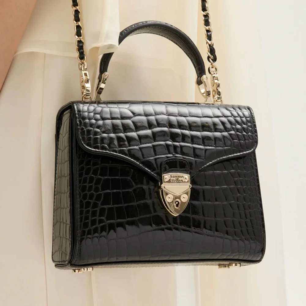 Aspinal of London Midi Mayfair Black Patent Croc Top Handle Crossbody Chain Bag